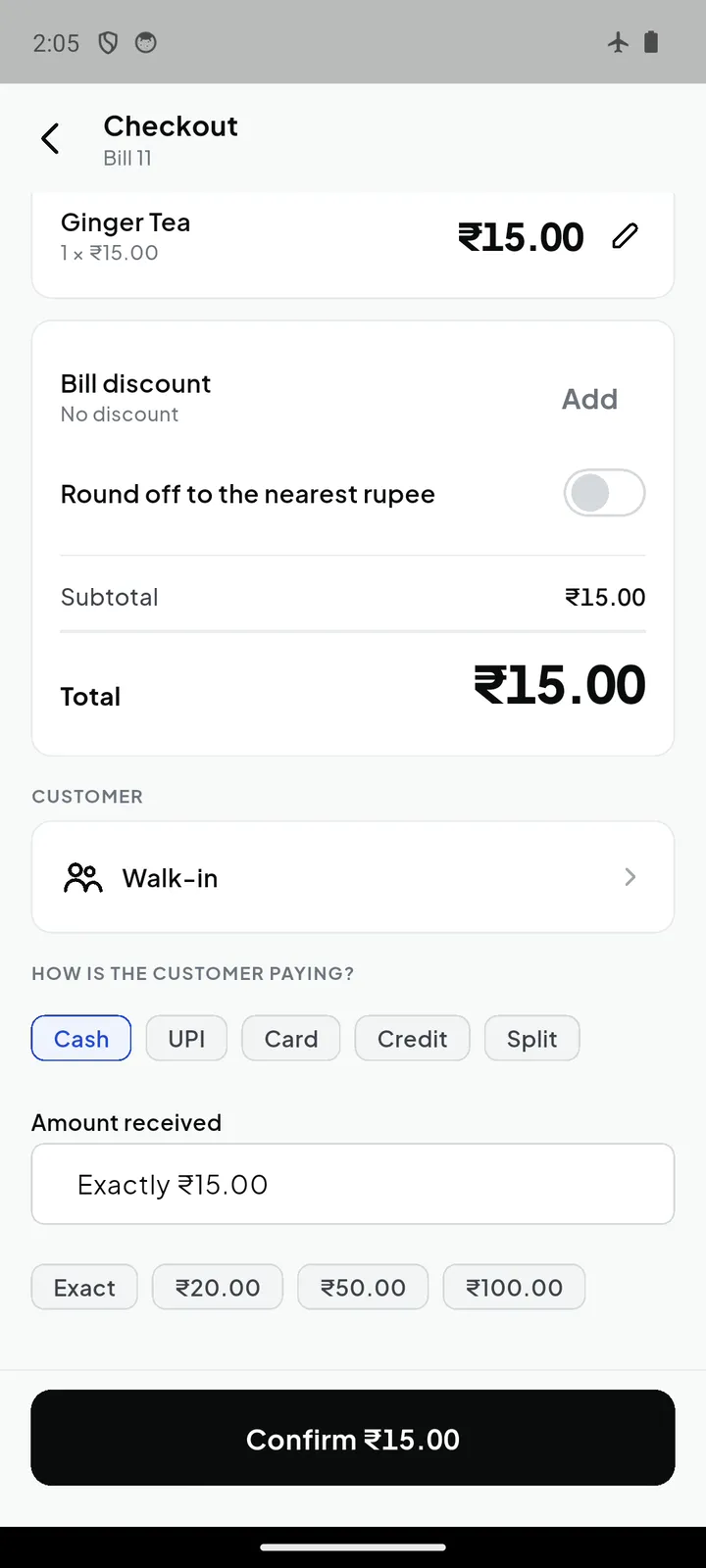 Split payment: cash, UPI, khata