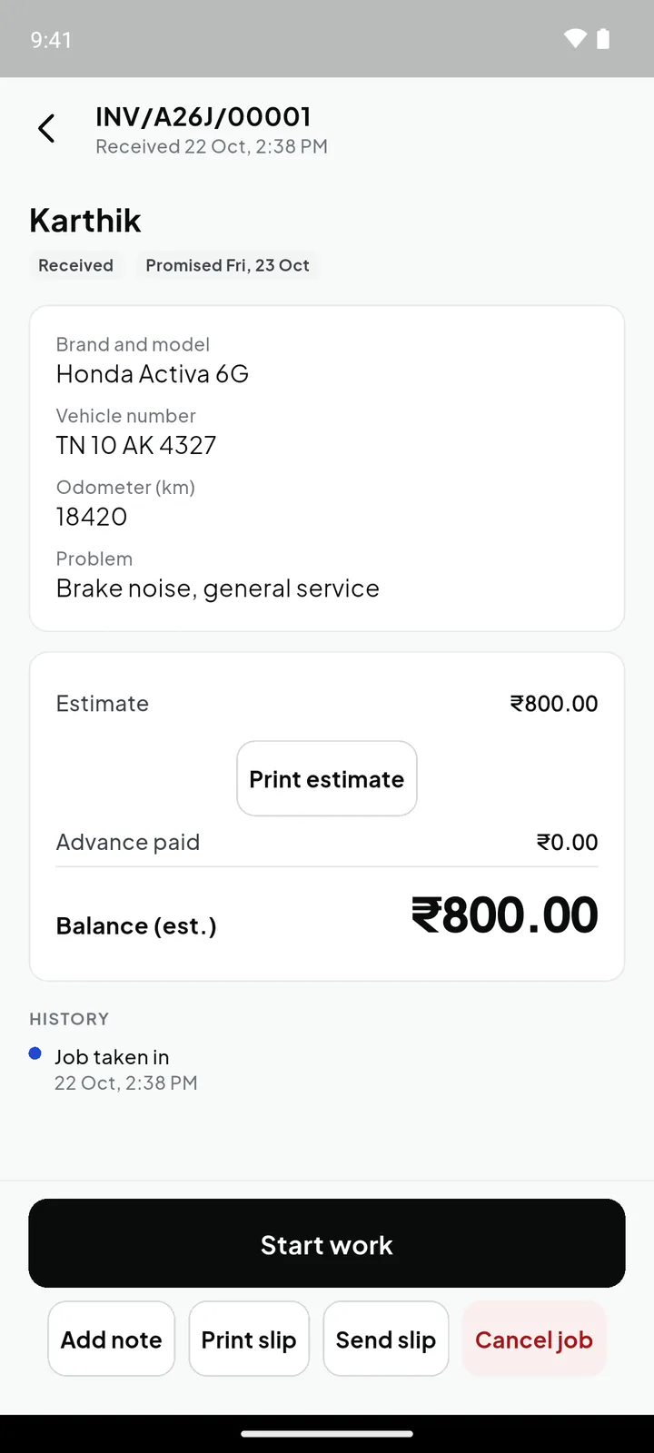 A job card in Kaasa: Honda Activa 6G, brake noise, estimate ₹800, with Start work, Add note, Print slip and Send slip
