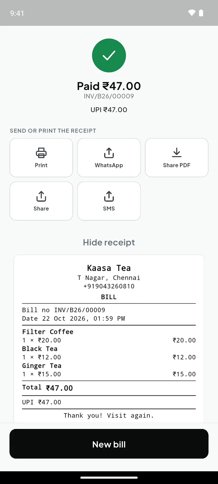 Receipt: print, WhatsApp or PDF