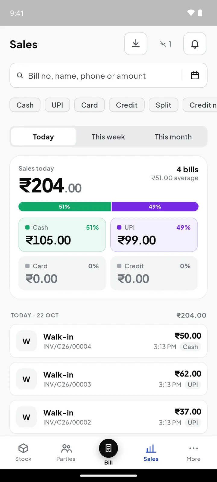 Every bill of the day, by payment