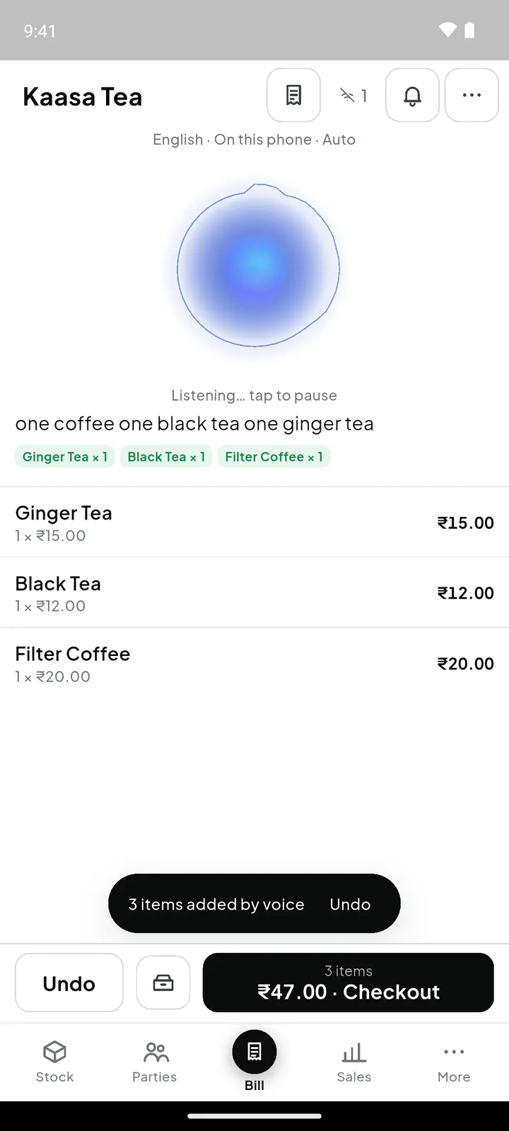 Voice billing in Tamil and English